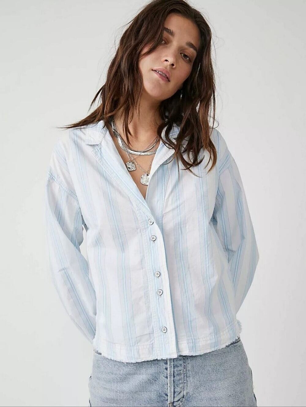 Free People Kelia Blue Stripe Trapeze Shirt